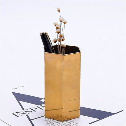 Pen Holder, Gold Pen Holder Sixsided Vase Hexagonal Nordic Stainless Steel Metal Golden Container Stainless Alloy Ornaments Make Up Organizer Gold Pencil Holders