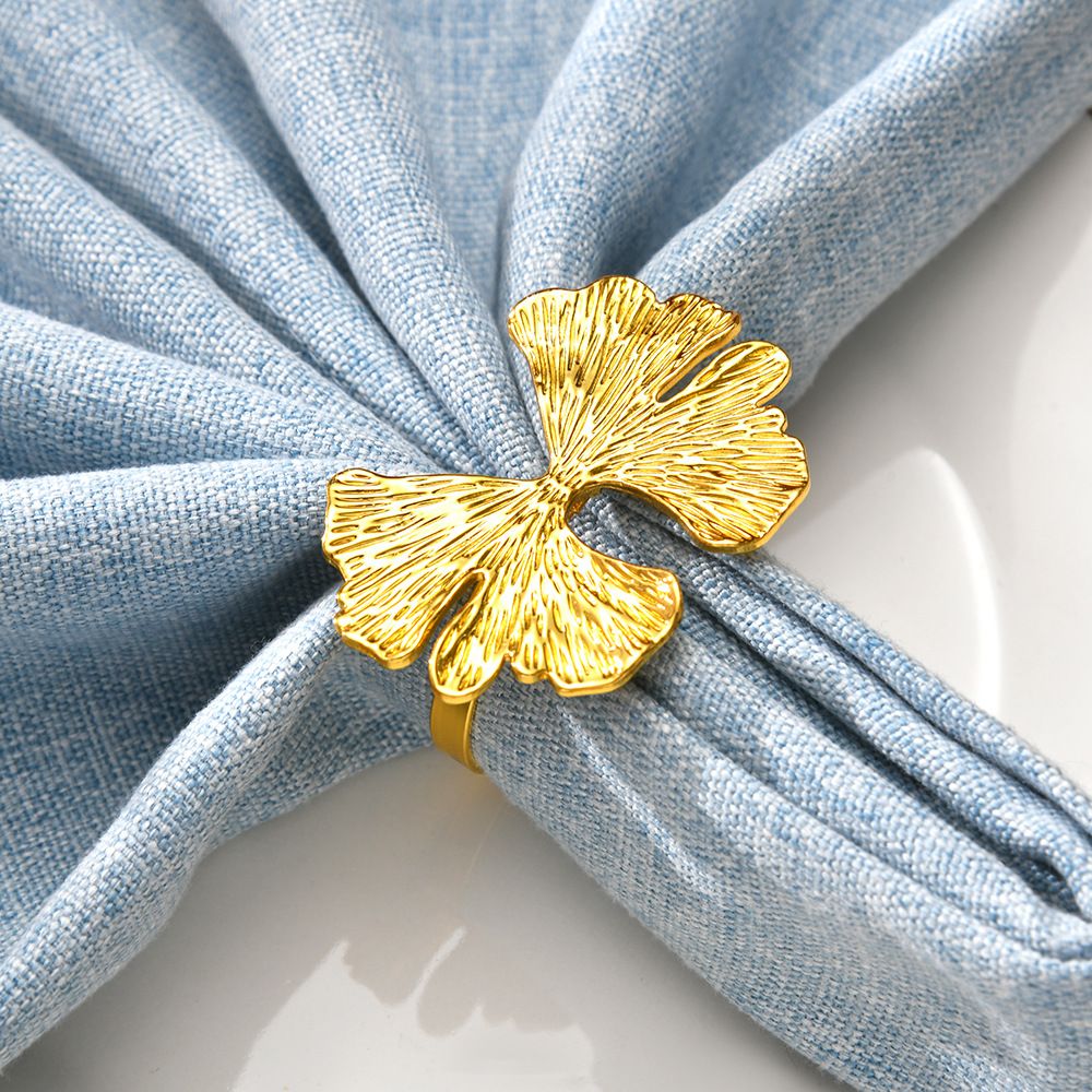Fall Napkin Rings Set of 6, Ginkgo Leaf Bow Napkins Holders Rings for Holiday Party Dinner Wedding Banquet Dinning Table Settings - Gold