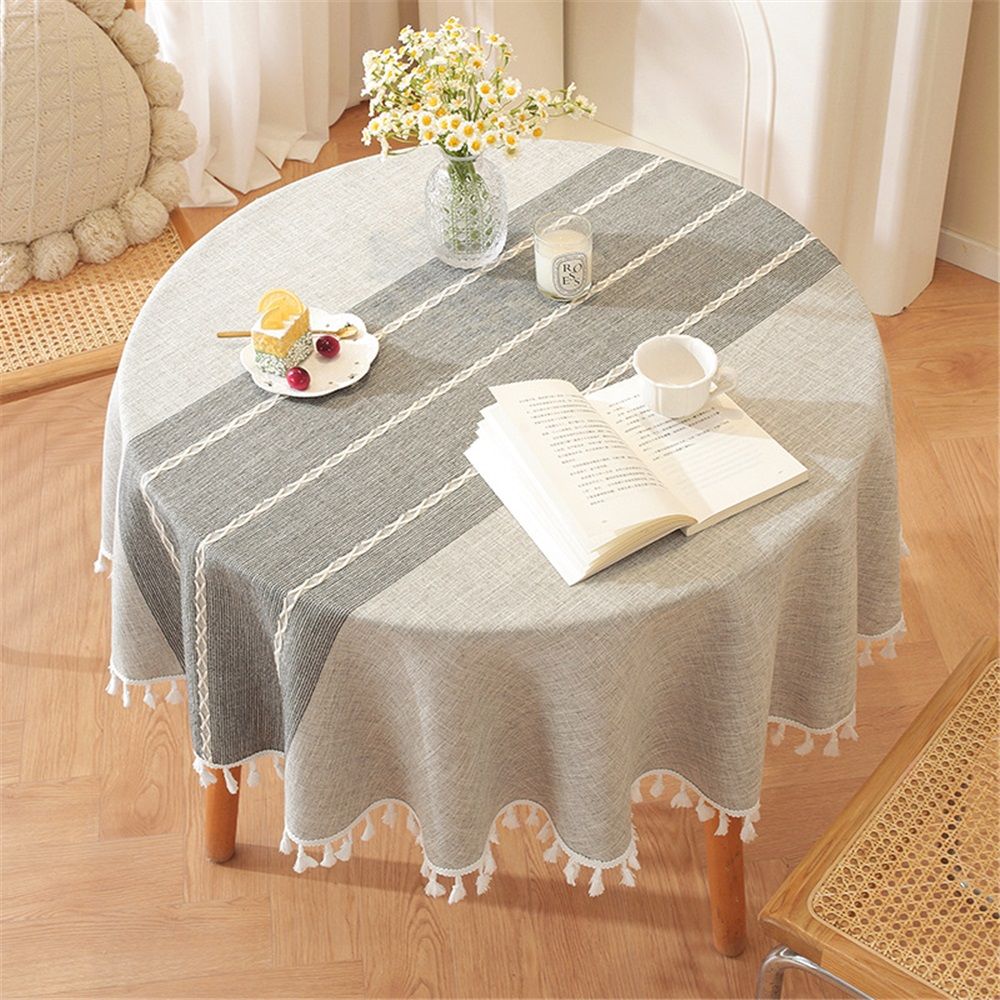 Table Cloth Tassel Cotton Linen Table Cover for Kitchen Dinning Wrinkle Free Table Cloths (Round, 55 Inch Length, Grey)