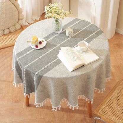 Table Cloth Tassel Cotton Linen Table Cover for Kitchen Dinning Wrinkle Free Table Cloths (Round, 55 Inch Length, Grey)