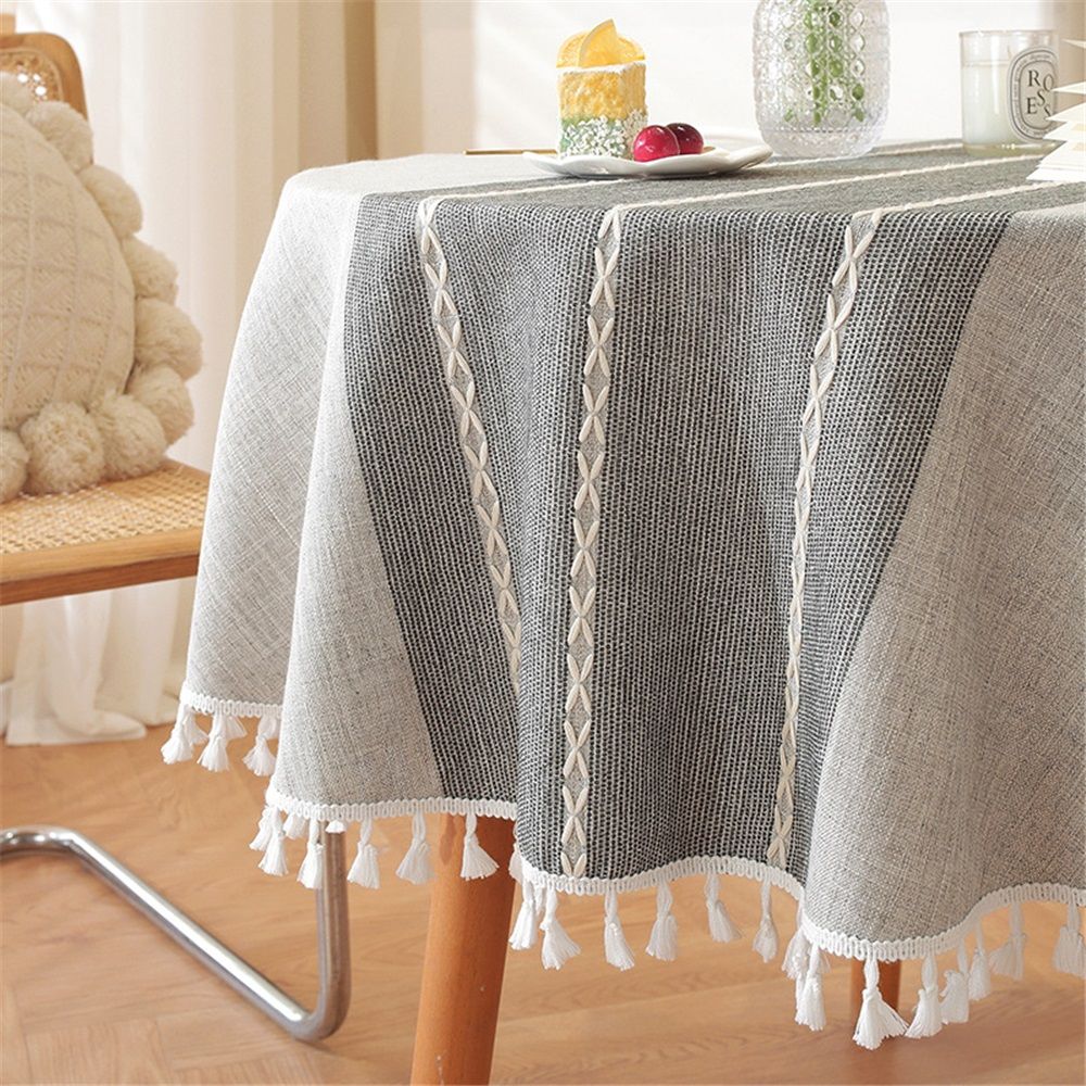 Table Cloth Tassel Cotton Linen Table Cover for Kitchen Dinning Wrinkle Free Table Cloths (Round, 55 Inch Length, Grey)