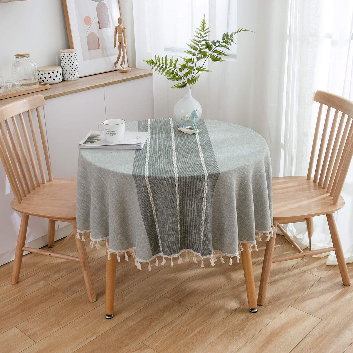Table Cloth Tassel Cotton Linen Table Cover for Kitchen Dinning Wrinkle Free Table Cloths (Round, 55 Inch Length, Grey)