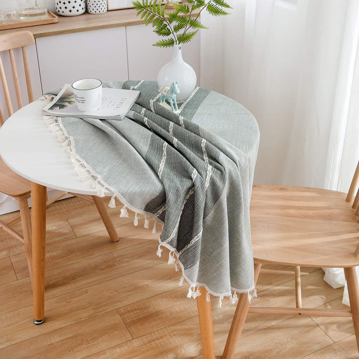Table Cloth Tassel Cotton Linen Table Cover for Kitchen Dinning Wrinkle Free Table Cloths (Round, 55 Inch Length, Grey)