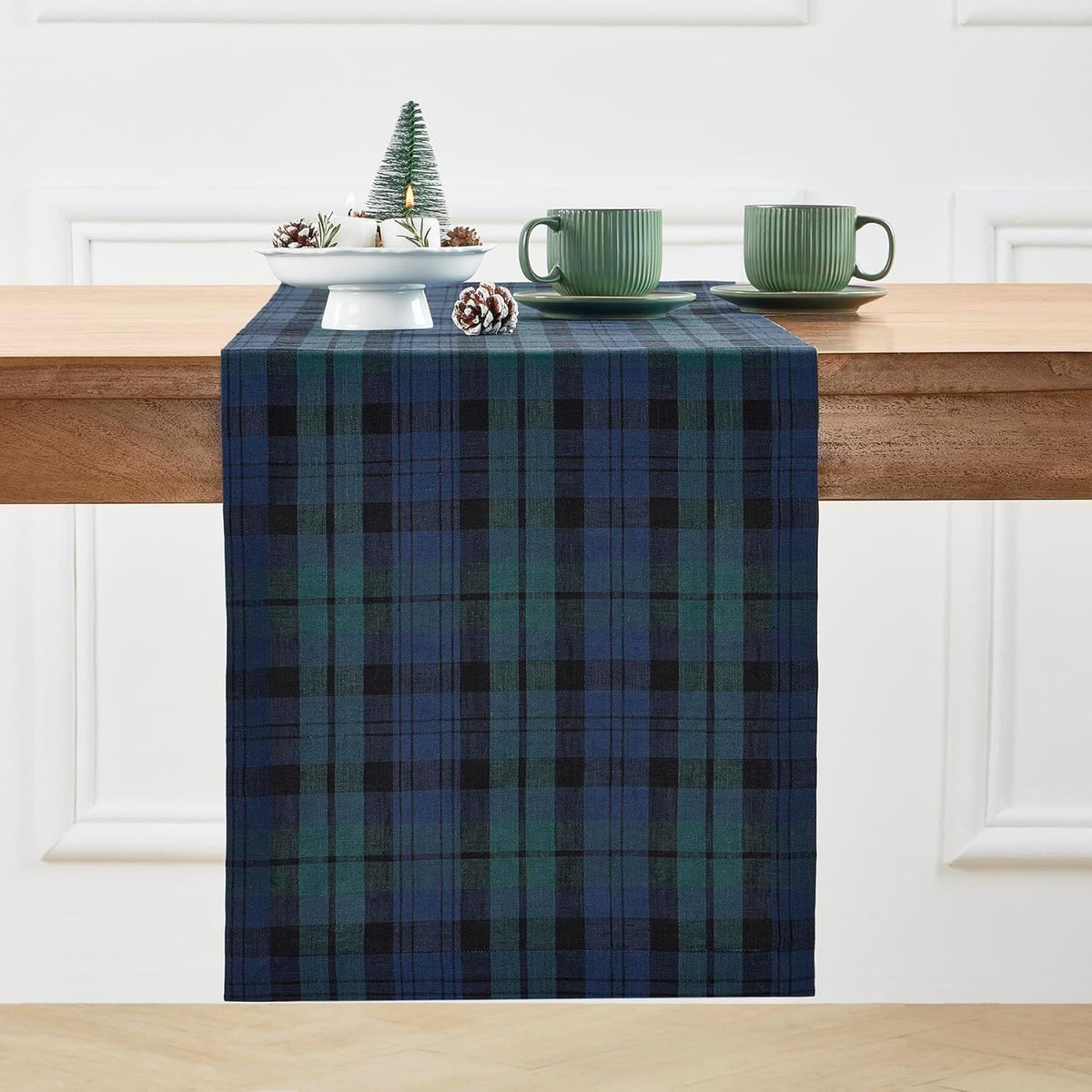 Linen Table Runner 72 Inches Long - 100% Pure Linen Blackwatch Blue and Green Plaid Table Runner 14 x 72 Inch for Dresser, Dining, Xmas, Christmas, Holiday