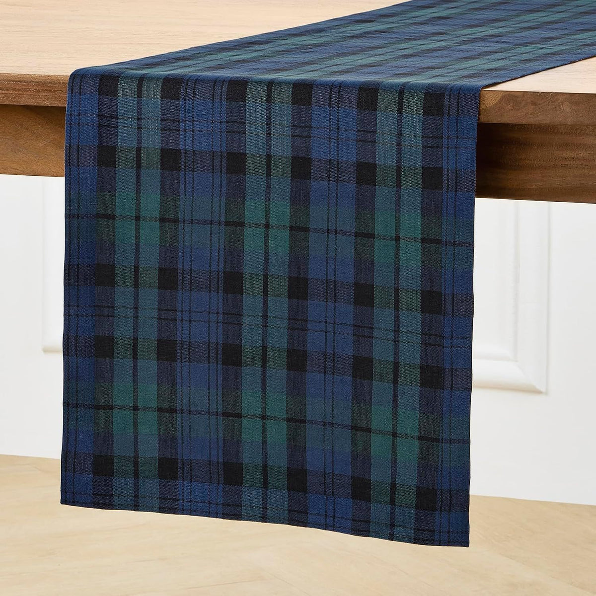 Linen Table Runner 72 Inches Long - 100% Pure Linen Blackwatch Blue and Green Plaid Table Runner 14 x 72 Inch for Dresser, Dining, Xmas, Christmas, Holiday
