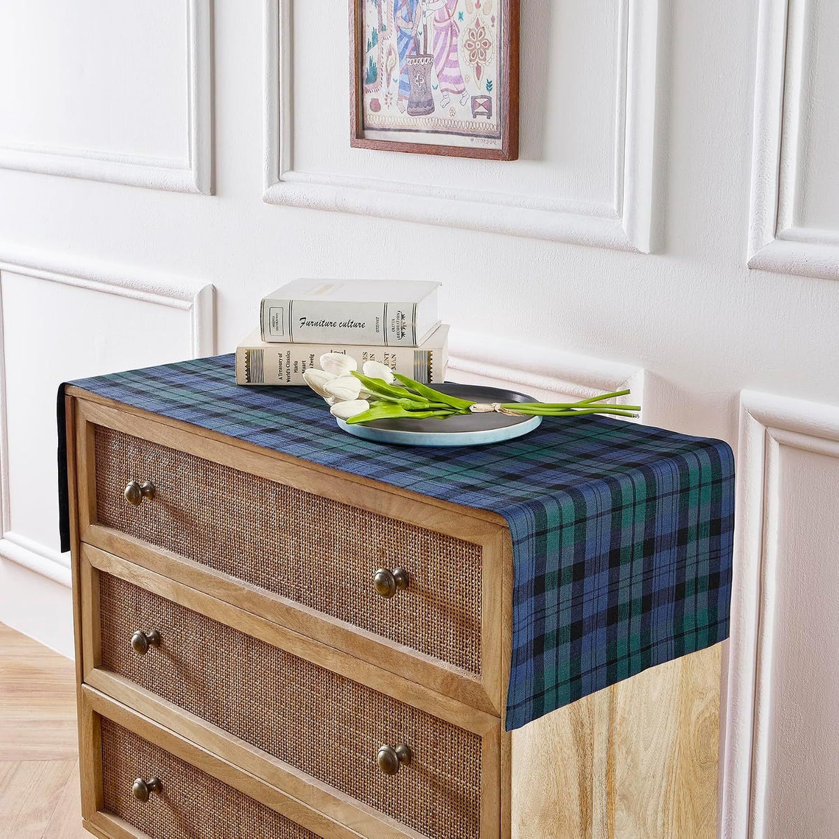 Linen Table Runner 72 Inches Long - 100% Pure Linen Blackwatch Blue and Green Plaid Table Runner 14 x 72 Inch for Dresser, Dining, Xmas, Christmas, Holiday