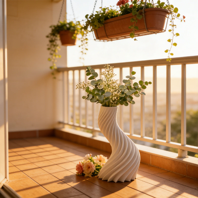 3D-printed spiral striped vase, perfect for small indoor plants, white.