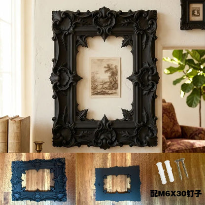 A gorgeous 3D-printed wall-mounted picture frame, perfect for displaying antique prints. Black.