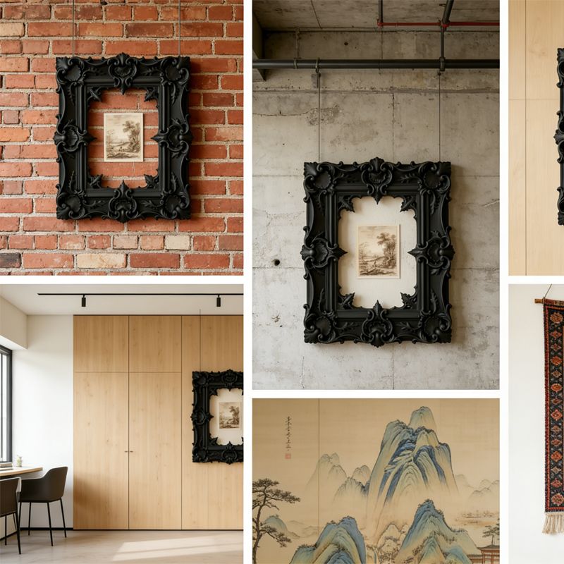 A gorgeous 3D-printed wall-mounted picture frame, perfect for displaying antique prints. Black.