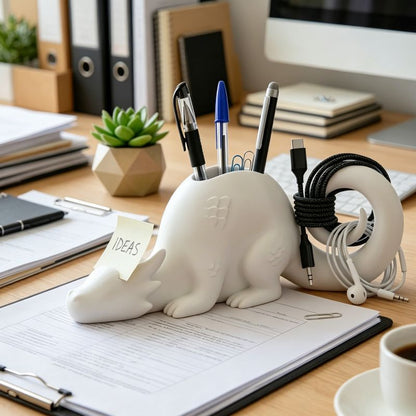 A 3D-printed dragon-shaped desktop organizer adds a touch of fantasy and order to your workspace. (White)