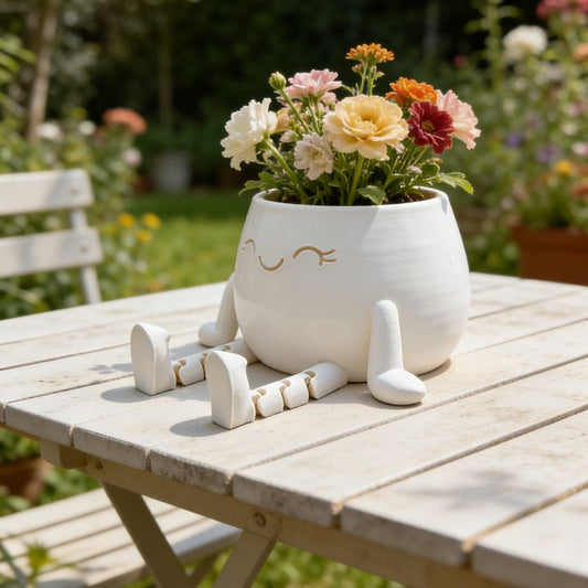 3D-printed sitting flower pot, white