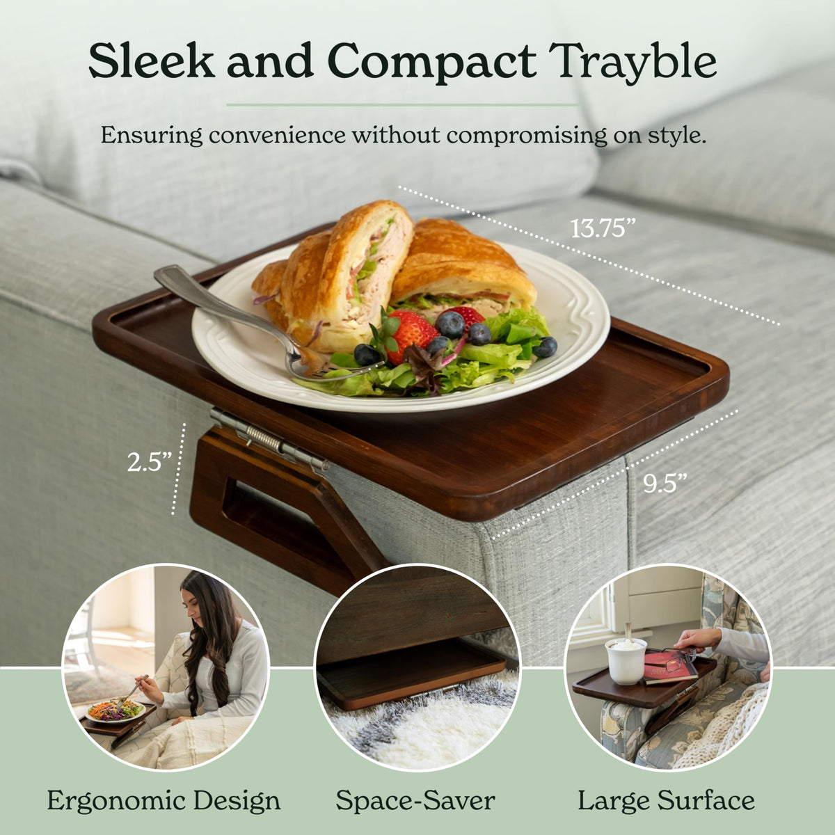 Bamboo Sofa Arm Tray Table, Clip-On Couch Armrest Table for Recliners and Armchairs, TV Dinner, Drink, Snack and Remote Holder, Natural Round, 9.8 Inch