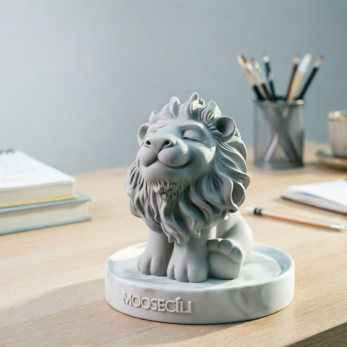 Smiling Lion Gypsum Statue - Handcrafted Plaster Aromatherapy Diffuser & Artistic Home Decor for Shelf, Desk, and Bedroom - Minimalist White Animal Sculpture Gift