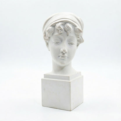 Elegant Girl with a Headscarf Resin Bust Sculpture Flower Vase - Classic European Style Figurine for Home Decor, Art Studio, or Office Desk - Perfect for Sketching, Photography, and Shelf Display (White)