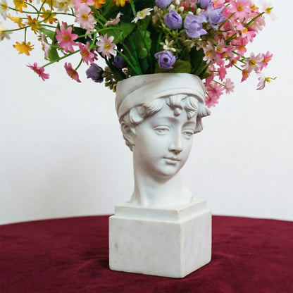 Elegant Girl with a Headscarf Resin Bust Sculpture Flower Vase - Classic European Style Figurine for Home Decor, Art Studio, or Office Desk - Perfect for Sketching, Photography, and Shelf Display (White)