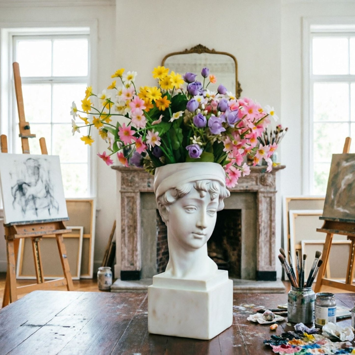 Elegant Girl with a Headscarf Resin Bust Sculpture Flower Vase - Classic European Style Figurine for Home Decor, Art Studio, or Office Desk - Perfect for Sketching, Photography, and Shelf Display (White)
