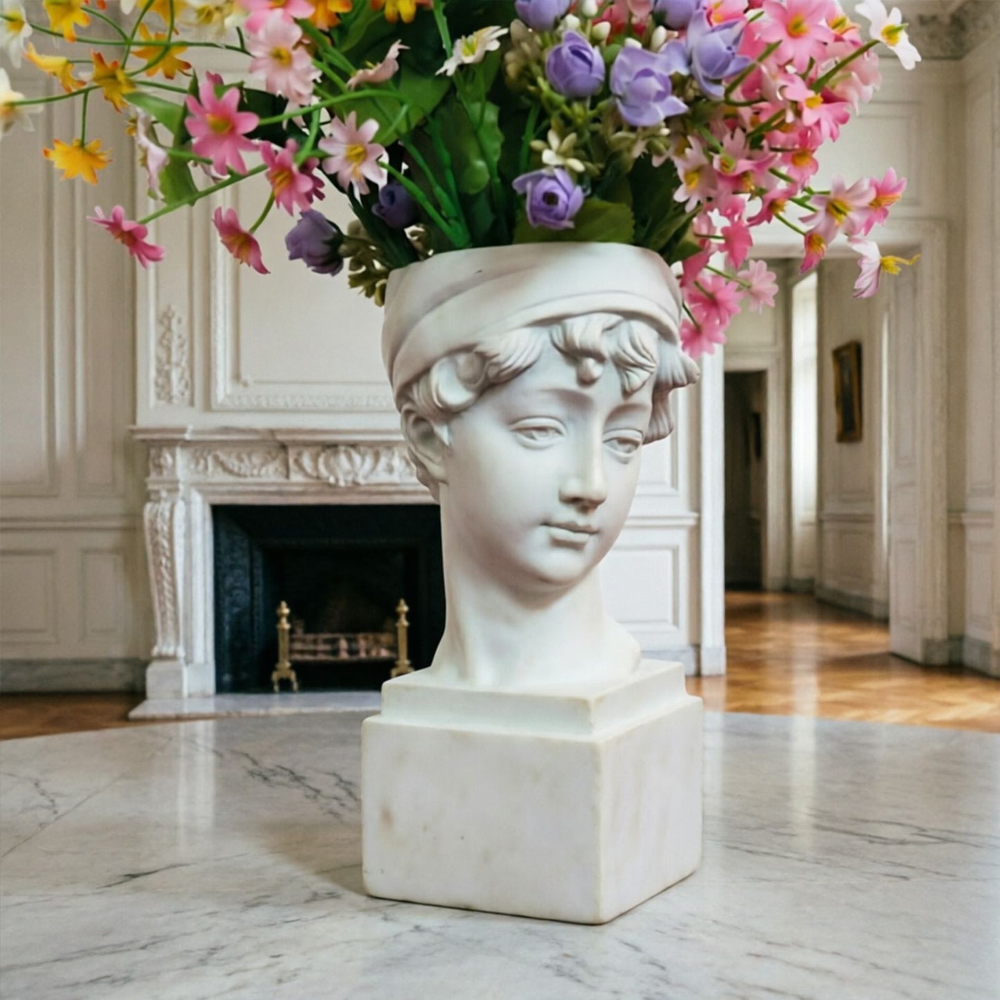 Elegant Girl with a Headscarf Resin Bust Sculpture Flower Vase - Classic European Style Figurine for Home Decor, Art Studio, or Office Desk - Perfect for Sketching, Photography, and Shelf Display (White)