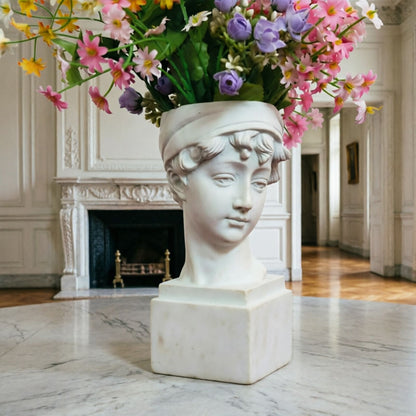 Elegant Girl with a Headscarf Resin Bust Sculpture Flower Vase - Classic European Style Figurine for Home Decor, Art Studio, or Office Desk - Perfect for Sketching, Photography, and Shelf Display (White)