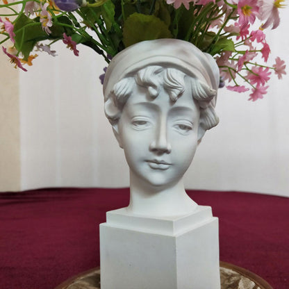 Elegant Girl with a Headscarf Resin Bust Sculpture Flower Vase - Classic European Style Figurine for Home Decor, Art Studio, or Office Desk - Perfect for Sketching, Photography, and Shelf Display (White)