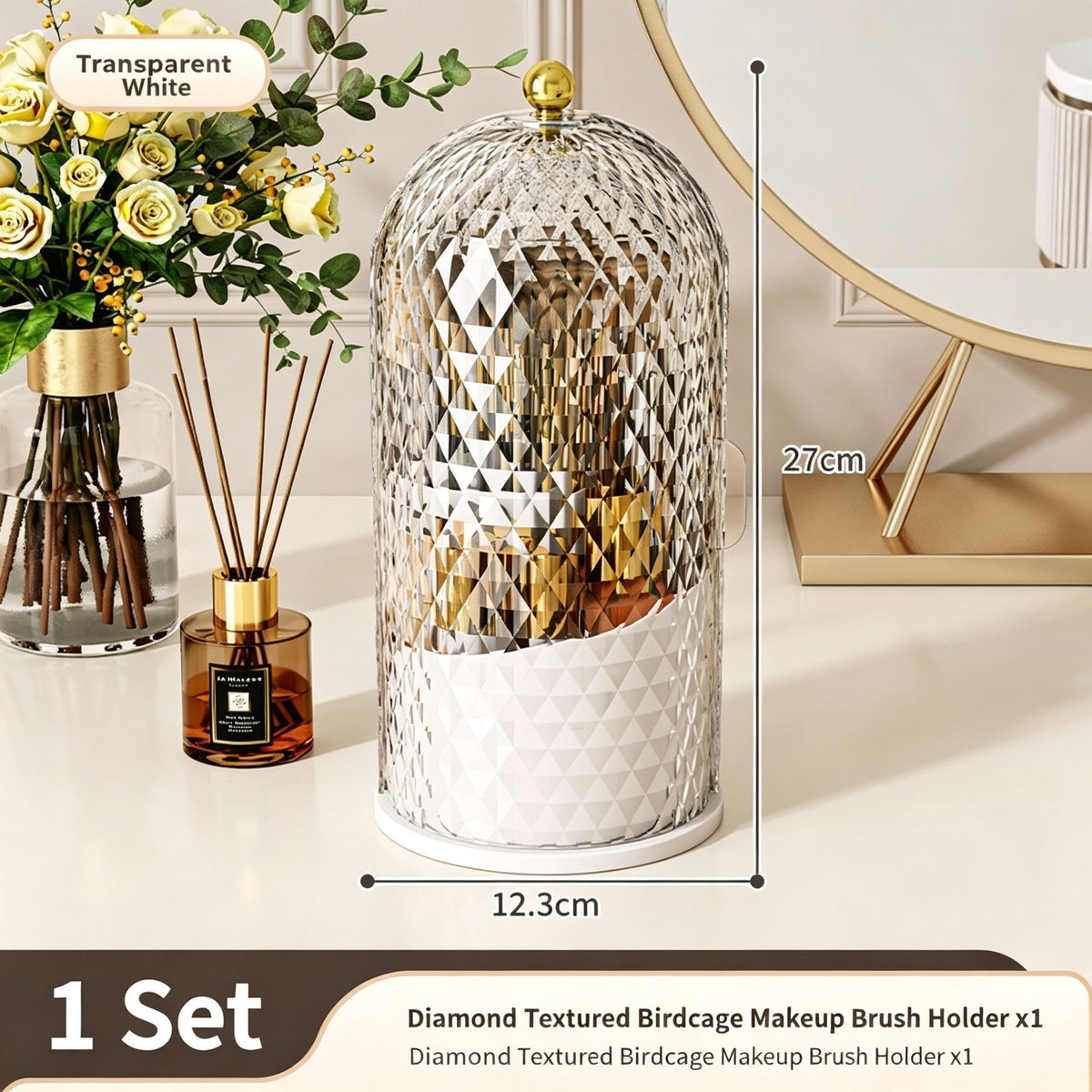 Large‑Capacity Makeup Storage Box, Luxury Multifunctional Dust‑Proof Desktop Cosmetic Organizer, Vanity Lipstick Container, Diamond Solid White & Transparent White Rotatable, Christmas Vanity Gift