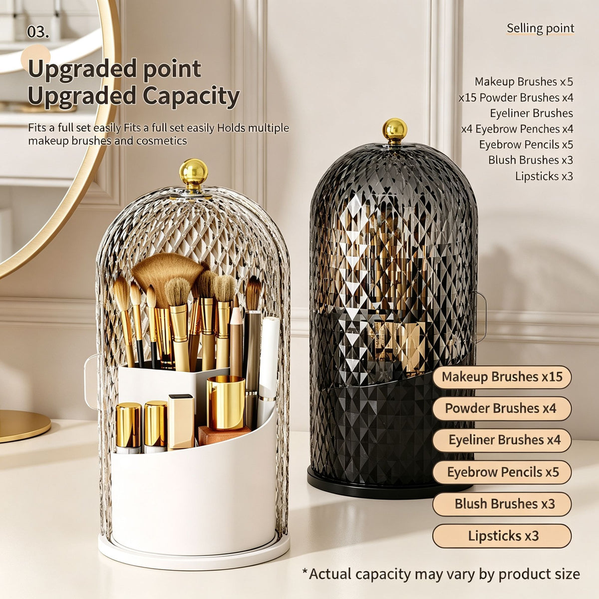 Large‑Capacity Makeup Storage Box, Luxury Multifunctional Dust‑Proof Desktop Cosmetic Organizer, Vanity Lipstick Container, Diamond Solid White & Transparent White Rotatable, Christmas Vanity Gift
