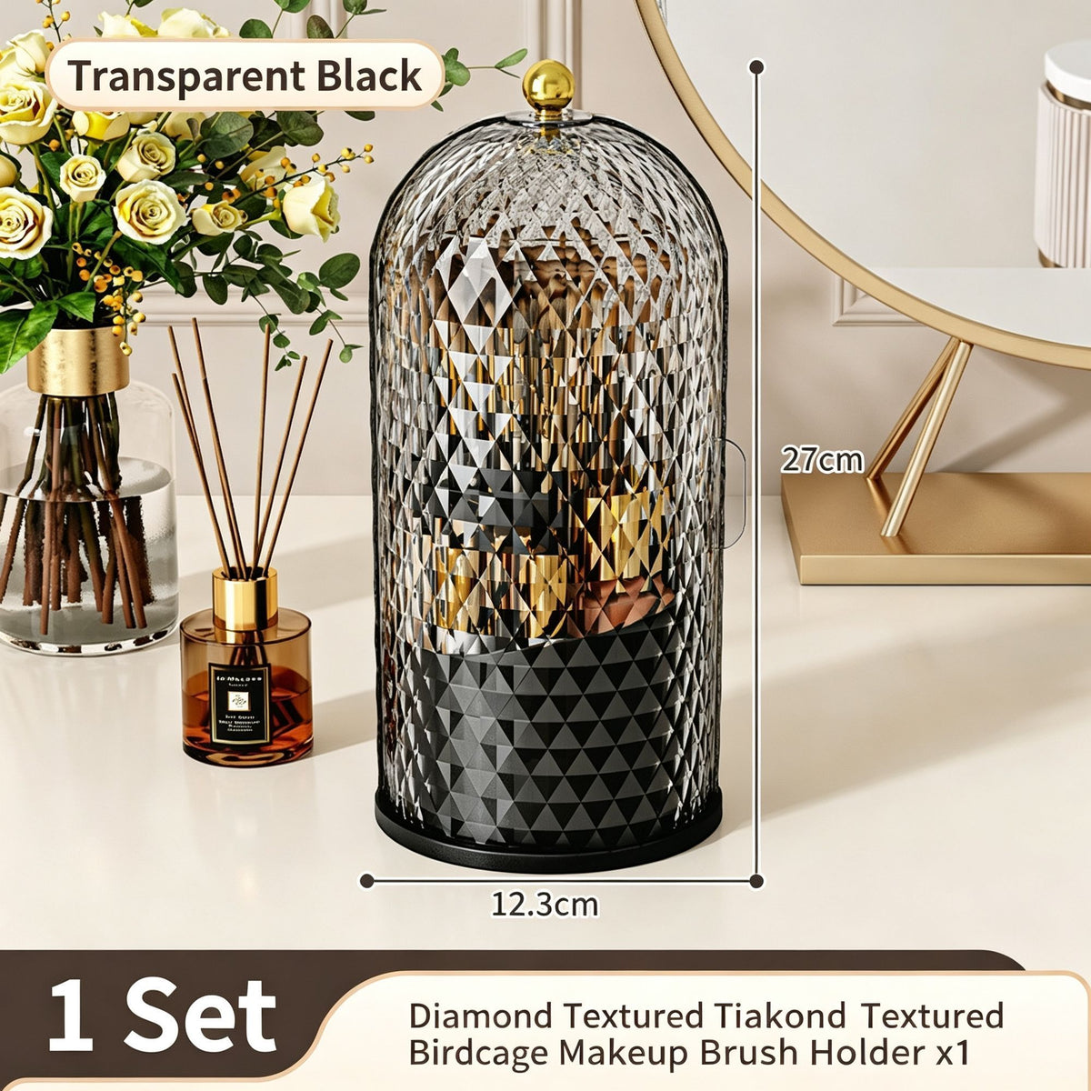 Large‑Capacity Makeup Storage Box, Luxury Multifunctional Dust‑Proof Desktop Cosmetic Organizer, Vanity Lipstick Container, Diamond Solid Black & Transparent Black Rotatable, Halloween Household Beauty Gift