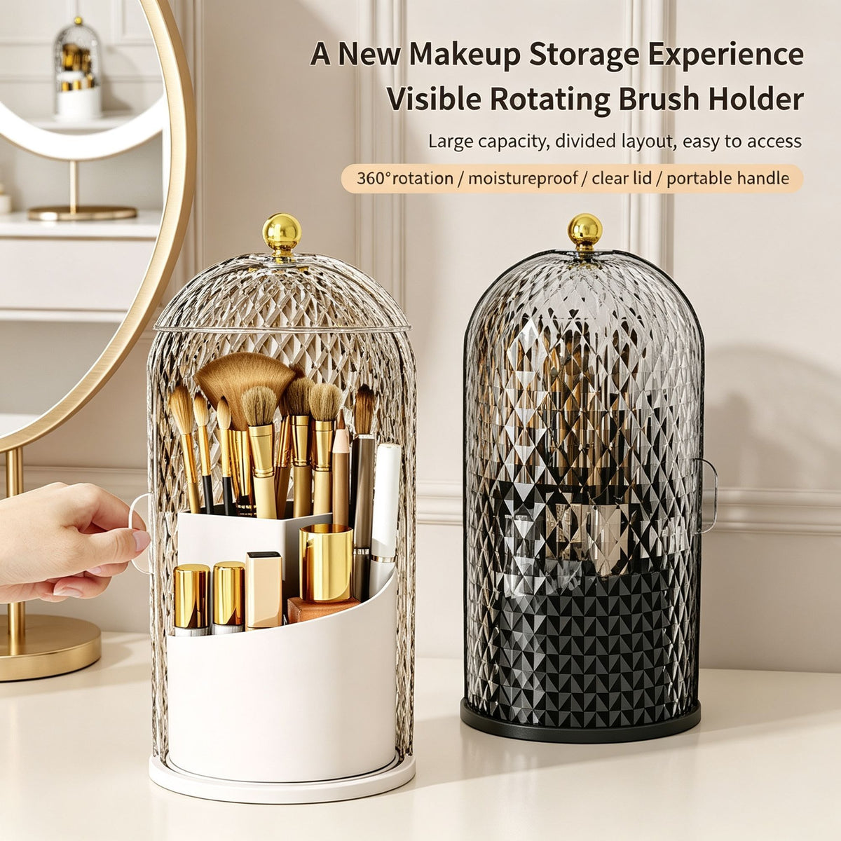 Large‑Capacity Makeup Storage Box, Luxury Multifunctional Dust‑Proof Desktop Cosmetic Organizer, Vanity Lipstick Container, Diamond Solid Black & Transparent Black Rotatable, Halloween Household Beauty Gift