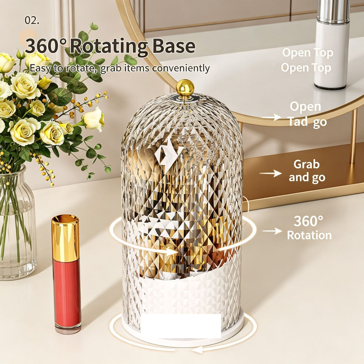 Large‑Capacity Makeup Storage Box, Luxury Multifunctional Dust‑Proof Desktop Cosmetic Organizer, Vanity Lipstick Container, Diamond Solid Black & Transparent Black Rotatable, Halloween Household Beauty Gift