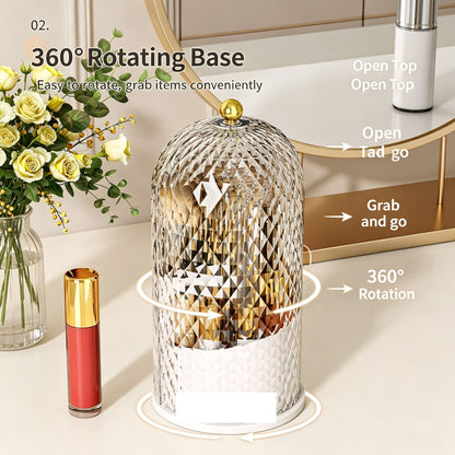 Large‑Capacity Makeup Storage Box, Luxury Multifunctional Dust‑Proof Desktop Cosmetic Organizer, Vanity Lipstick Container, Diamond Solid Black & Transparent Black Rotatable, Halloween Household Beauty Gift