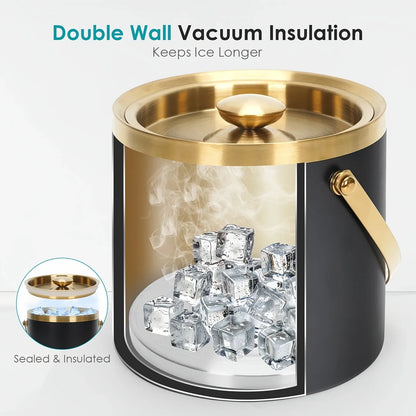 3L Stainless Steel Double-Wall Vacuum Ice Bucket with Lid & Tongs – Home & Commercial Champagne Cooler.(black)