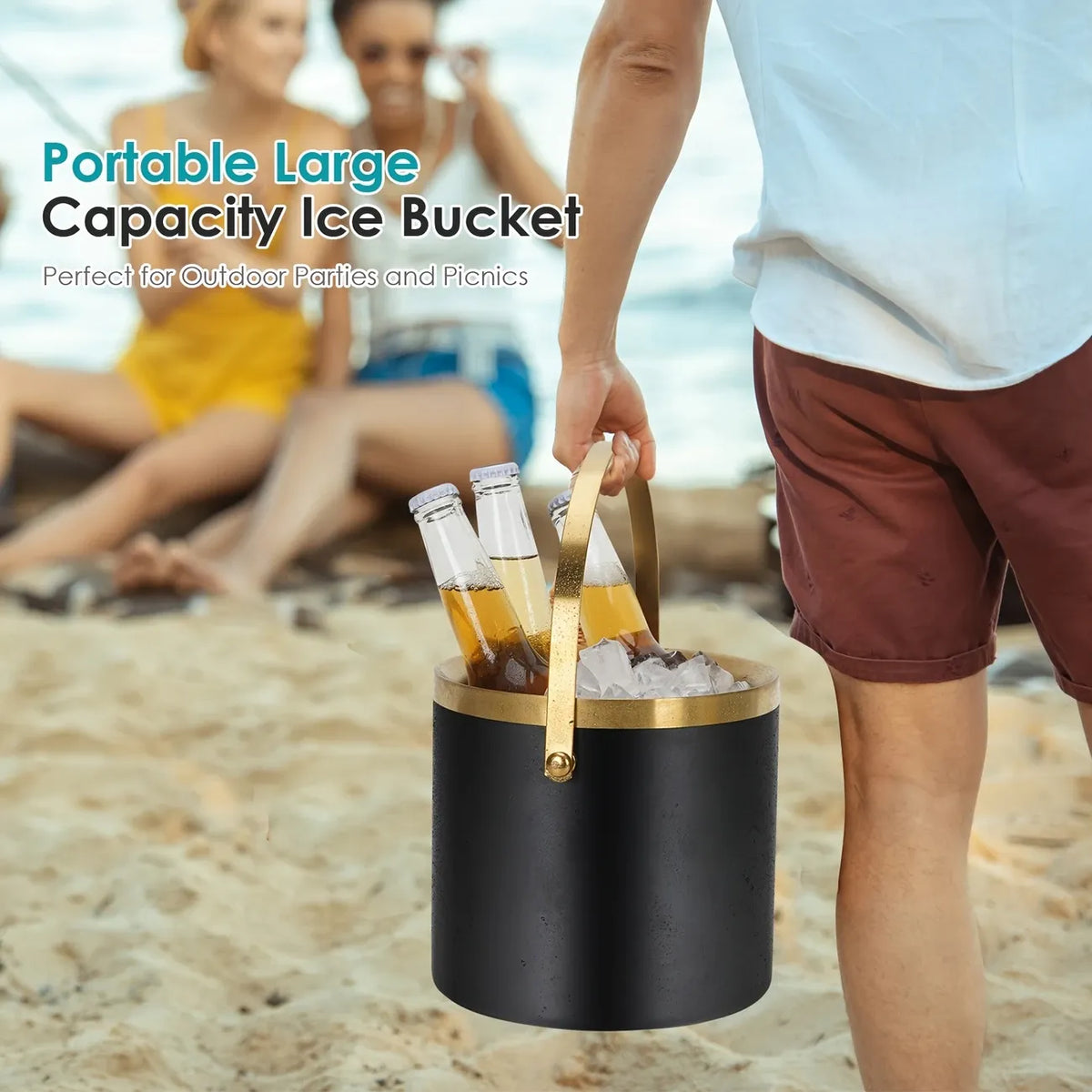 3L Stainless Steel Double-Wall Vacuum Ice Bucket with Lid & Tongs – Home & Commercial Champagne Cooler.(black)
