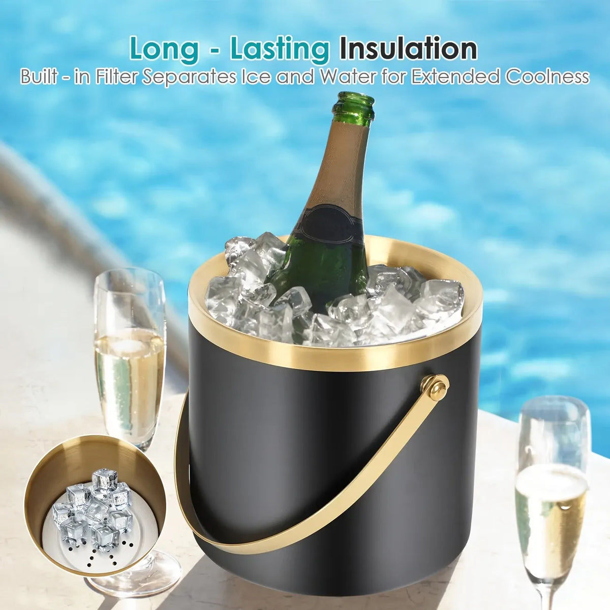 3L Stainless Steel Double-Wall Vacuum Ice Bucket with Lid & Tongs – Home & Commercial Champagne Cooler.(white)