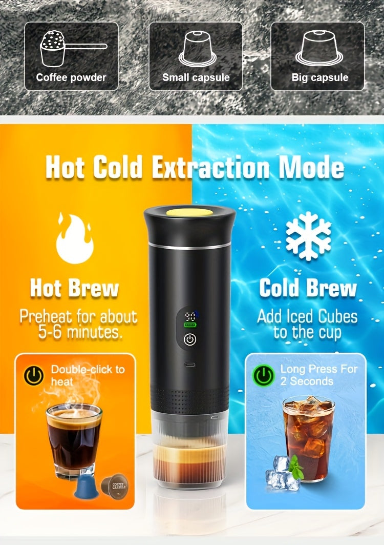 Portable 20Bar High - Pressure Extraction Coffee Machine, 80ml Stainless Steel Water Tank + Foldable Stand, Low - Battery Alert & Real - Time Temperature Control, Enjoy Barista - Quality Coffee on the Go, at Office or While Driving,Grey