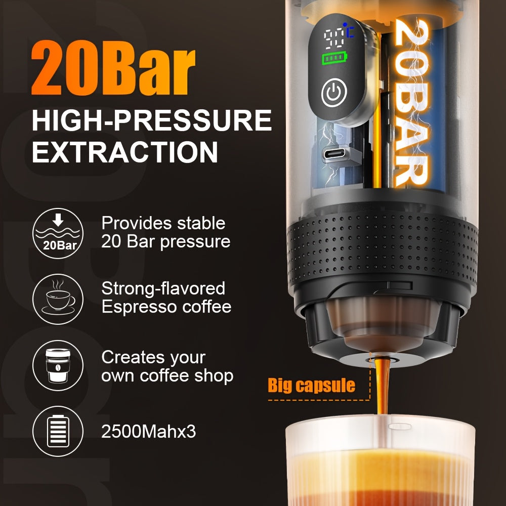 Portable 20Bar High - Pressure Extraction Coffee Machine, 80ml Stainless Steel Water Tank + Foldable Stand, Low - Battery Alert & Real - Time Temperature Control, Enjoy Barista - Quality Coffee on the Go, at Office or While Driving,White