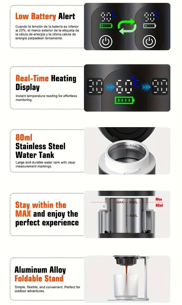 Portable 20Bar High - Pressure Extraction Coffee Machine, 80ml Stainless Steel Water Tank + Foldable Stand, Low - Battery Alert & Real - Time Temperature Control, Enjoy Barista - Quality Coffee on the Go, at Office or While Driving,White