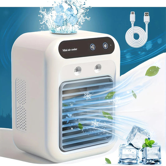 USB rechargeable mini air conditioning fan, supports USB/wireless charging. Features 3-speed wind, cooling, and humidification levels. Powered by a lithium battery, lightweight and compact, ideal for desktop cooling in both office and home settings.