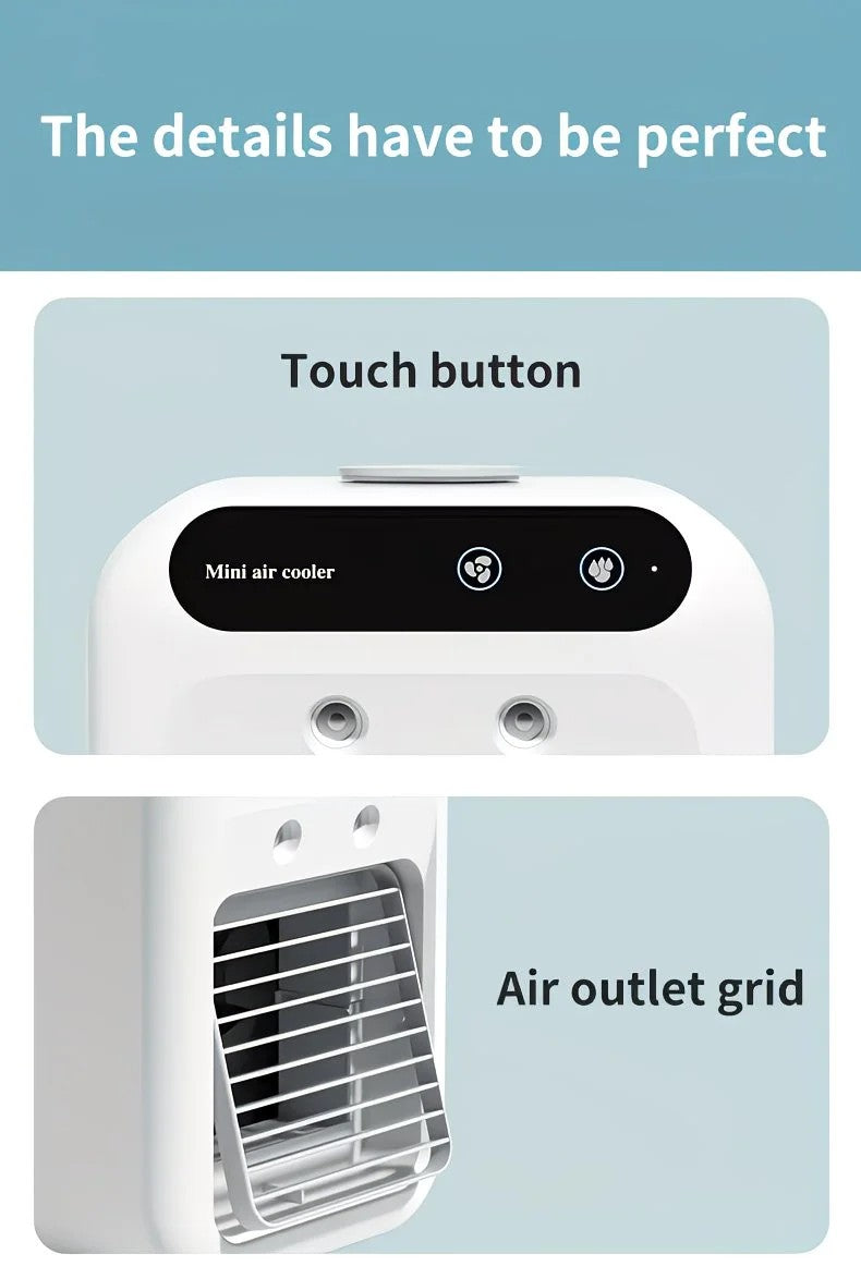 USB rechargeable mini air conditioning fan, supports USB/wireless charging. Features 3-speed wind, cooling, and humidification levels. Powered by a lithium battery, lightweight and compact, ideal for desktop cooling in both office and home settings.