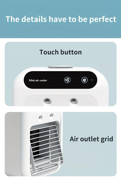 USB rechargeable mini air conditioning fan, supports USB/wireless charging. Features 3-speed wind, cooling, and humidification levels. Powered by a lithium battery, lightweight and compact, ideal for desktop cooling in both office and home settings.