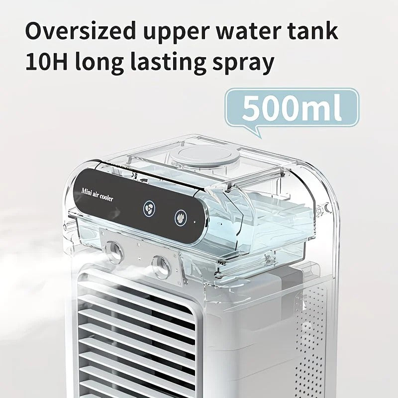 USB rechargeable mini air conditioning fan, supports USB/wireless charging. Features 3-speed wind, cooling, and humidification levels. Powered by a lithium battery, lightweight and compact, ideal for desktop cooling in both office and home settings.