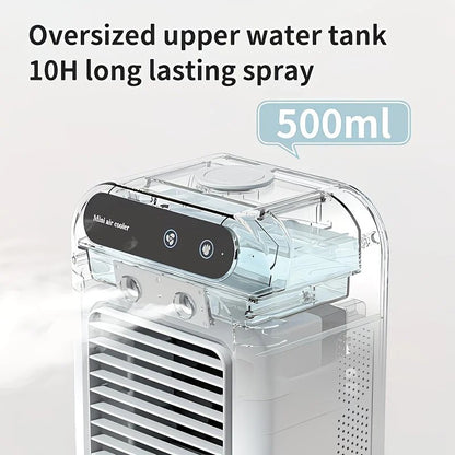 USB rechargeable mini air conditioning fan, supports USB/wireless charging. Features 3-speed wind, cooling, and humidification levels. Powered by a lithium battery, lightweight and compact, ideal for desktop cooling in both office and home settings.