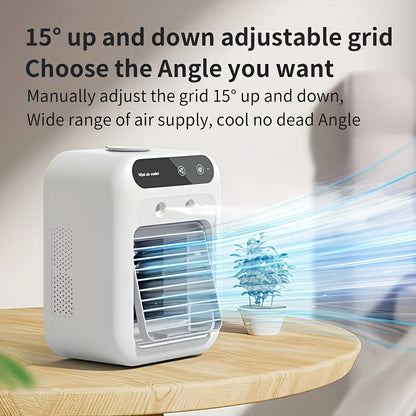 USB rechargeable mini air conditioning fan, supports USB/wireless charging. Features 3-speed wind, cooling, and humidification levels. Powered by a lithium battery, lightweight and compact, ideal for desktop cooling in both office and home settings.