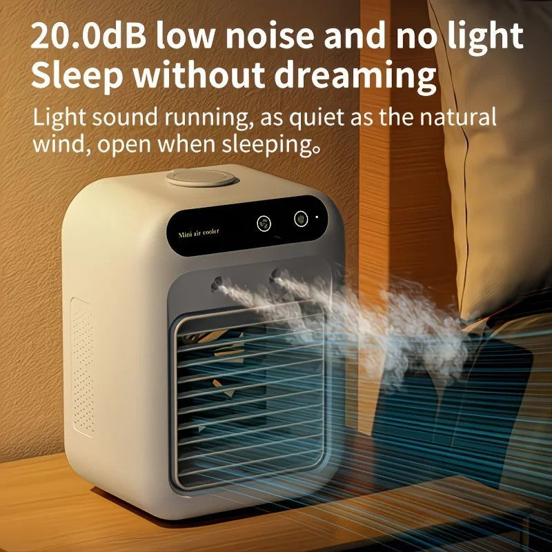 USB rechargeable mini air conditioning fan, supports USB/wireless charging. Features 3-speed wind, cooling, and humidification levels. Powered by a lithium battery, lightweight and compact, ideal for desktop cooling in both office and home settings.