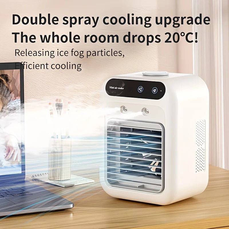USB rechargeable mini air conditioning fan, supports USB/wireless charging. Features 3-speed wind, cooling, and humidification levels. Powered by a lithium battery, lightweight and compact, ideal for desktop cooling in both office and home settings.