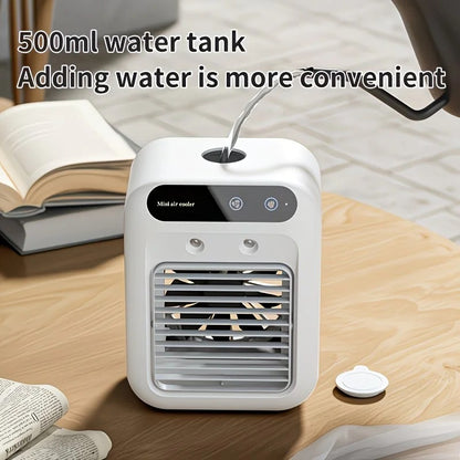 USB rechargeable mini air conditioning fan, supports USB/wireless charging. Features 3-speed wind, cooling, and humidification levels. Powered by a lithium battery, lightweight and compact, ideal for desktop cooling in both office and home settings.