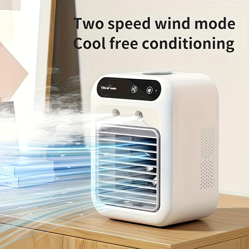 USB rechargeable mini air conditioning fan, supports USB/wireless charging. Features 3-speed wind, cooling, and humidification levels. Powered by a lithium battery, lightweight and compact, ideal for desktop cooling in both office and home settings.