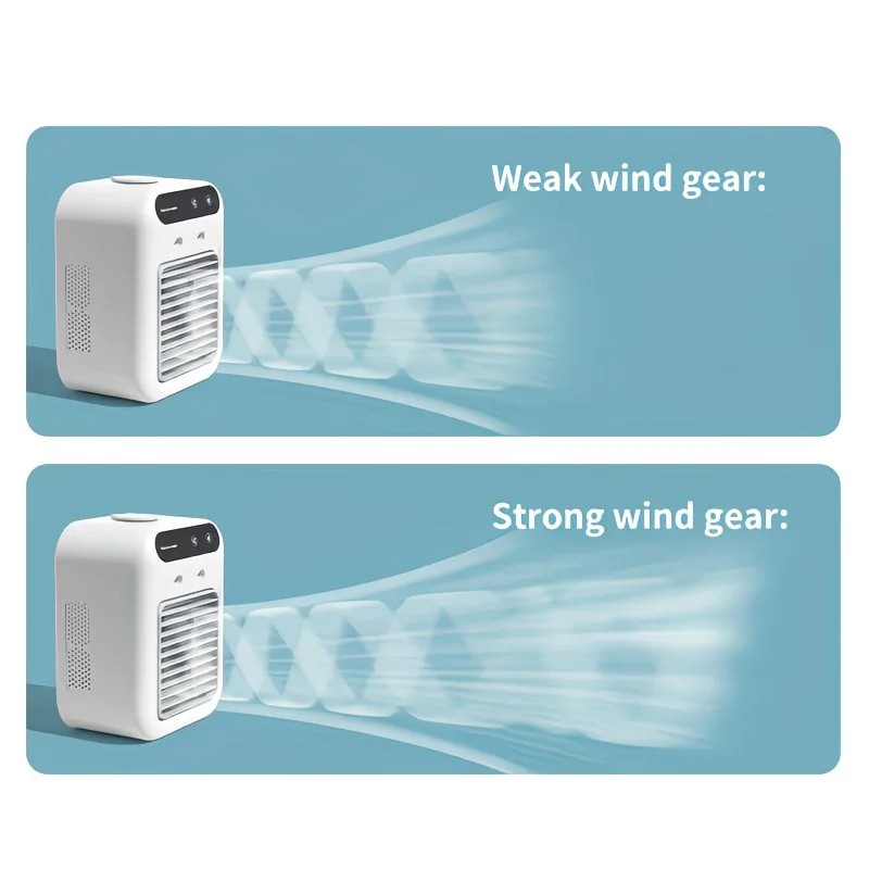 USB rechargeable mini air conditioning fan, supports USB/wireless charging. Features 3-speed wind, cooling, and humidification levels. Powered by a lithium battery, lightweight and compact, ideal for desktop cooling in both office and home settings.