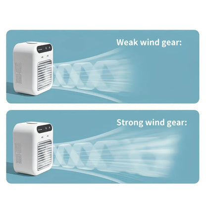 USB rechargeable mini air conditioning fan, supports USB/wireless charging. Features 3-speed wind, cooling, and humidification levels. Powered by a lithium battery, lightweight and compact, ideal for desktop cooling in both office and home settings.