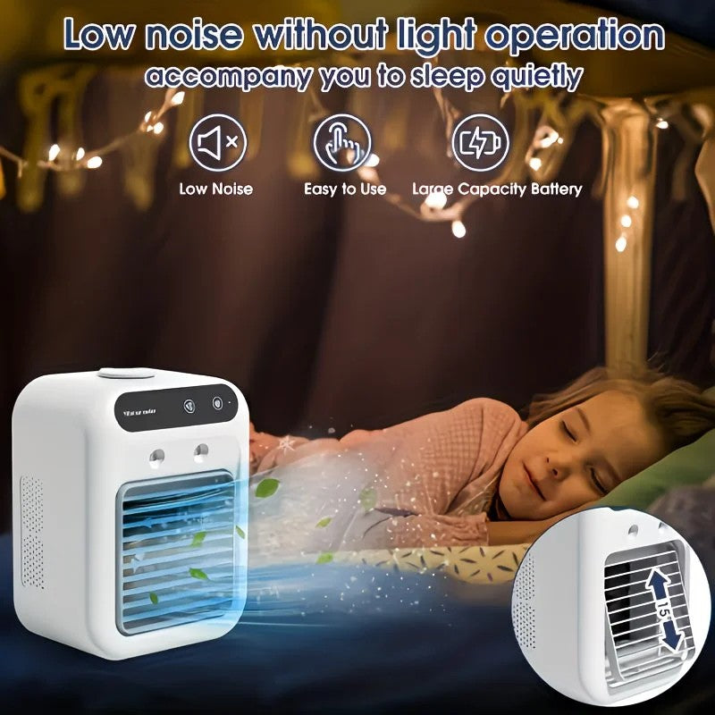 USB rechargeable mini air conditioning fan, supports USB/wireless charging. Features 3-speed wind, cooling, and humidification levels. Powered by a lithium battery, lightweight and compact, ideal for desktop cooling in both office and home settings.