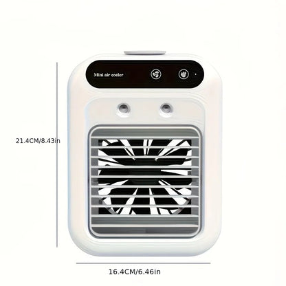 USB rechargeable mini air conditioning fan, supports USB/wireless charging. Features 3-speed wind, cooling, and humidification levels. Powered by a lithium battery, lightweight and compact, ideal for desktop cooling in both office and home settings.