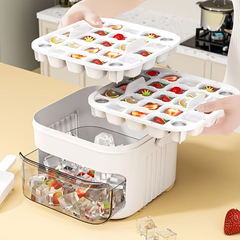 1PC Refrigerator Ice Cube Mold, Manual Press Two-Layer Design, Large Capacity Food-Grade PP Material, Suitable for Refrigerator Ice Making – Essential Kitchen Tool, 50-Cavity Ice Tray with Container, Practical Household Drink Ice Organizer.WHITE